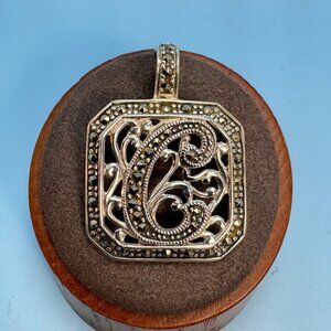 Sterling Silver 925 Marcasite Scroll Design Letter "C" Initial Pendant Sz 1.25''